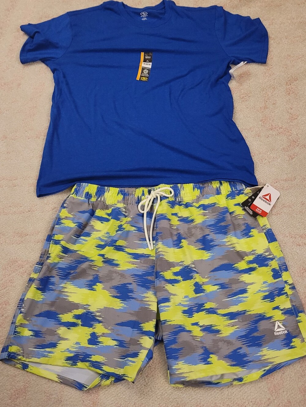 Reebok Men’s Royal Blue Tee with Blue, Yellow & Gray Camo Swim Shorts